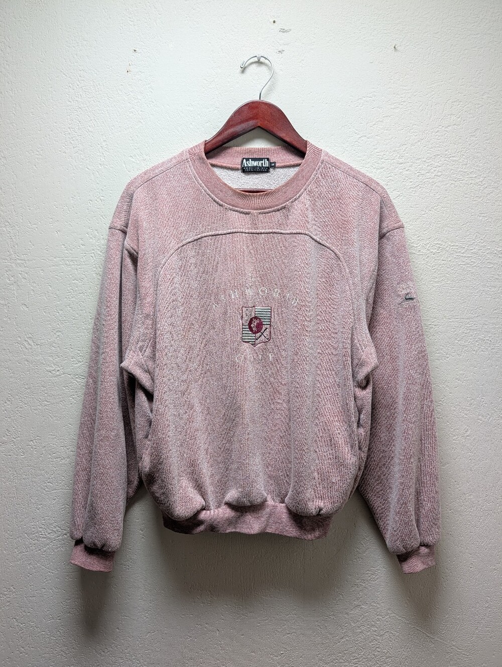 Vtg 90s Ashworth Golf Sweatshirt Mens Med Pink Terry Towel Velour Crewneck Crest